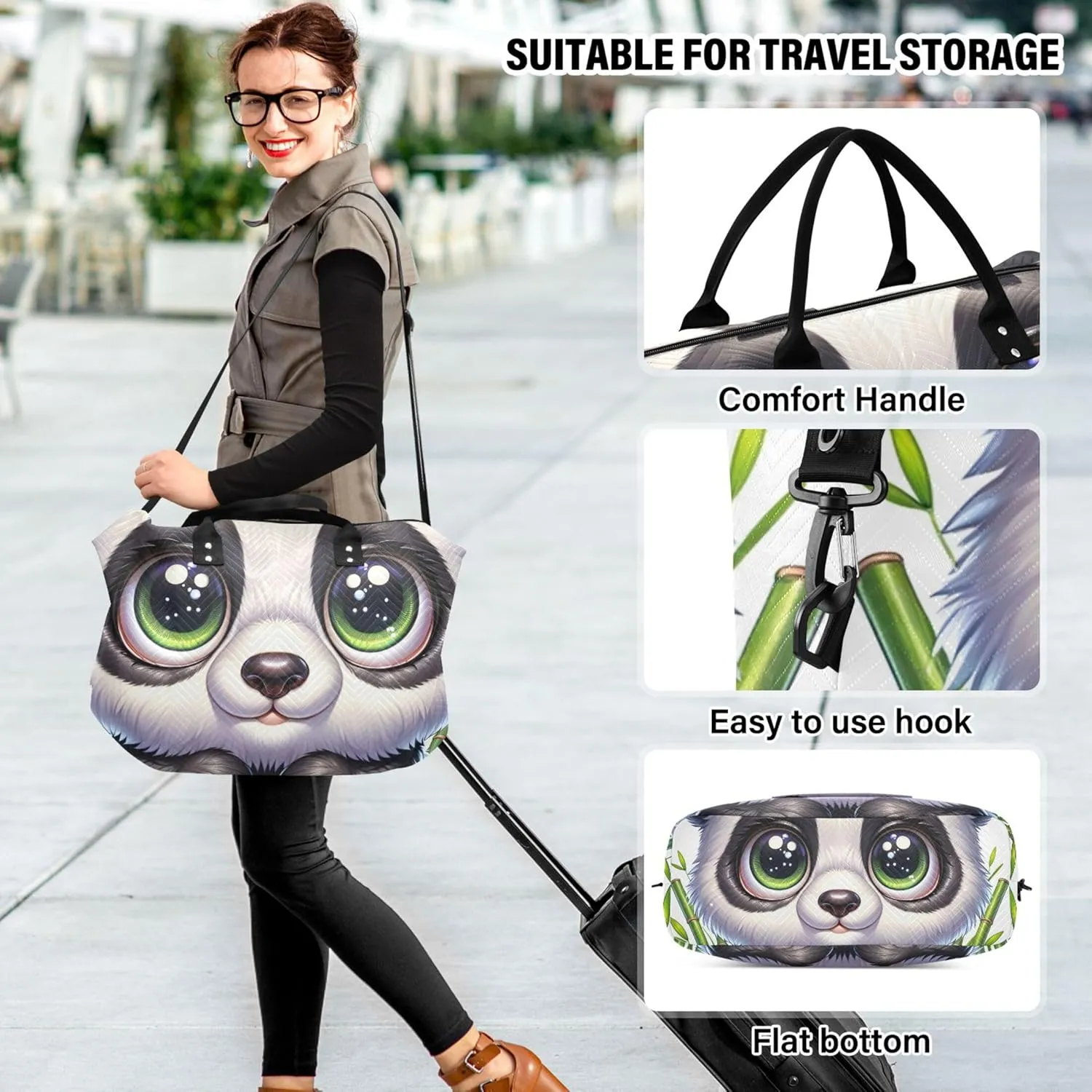 Cute Panda Bear Print Travel Duffle Women Toiletry Bag Set of 2, Design Women Gym Duffle Bag Carry on Duffel Bag