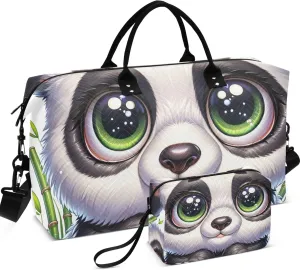 Cute Panda Bear Print Travel Duffle Women Toiletry Bag Set of 2, Design Women Gym Duffle Bag Carry on Duffel Bag
