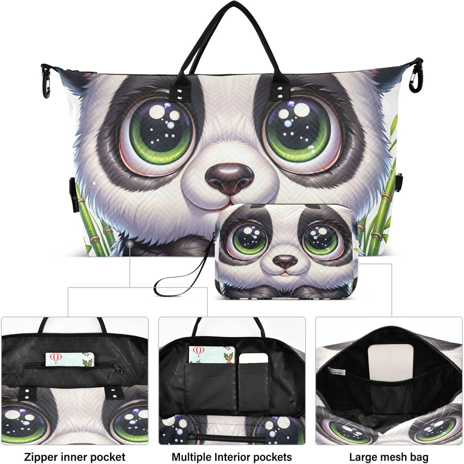 Cute Panda Bear Print Travel Duffle Women Toiletry Bag Set of 2, Design Women Gym Duffle Bag Carry on Duffel Bag
