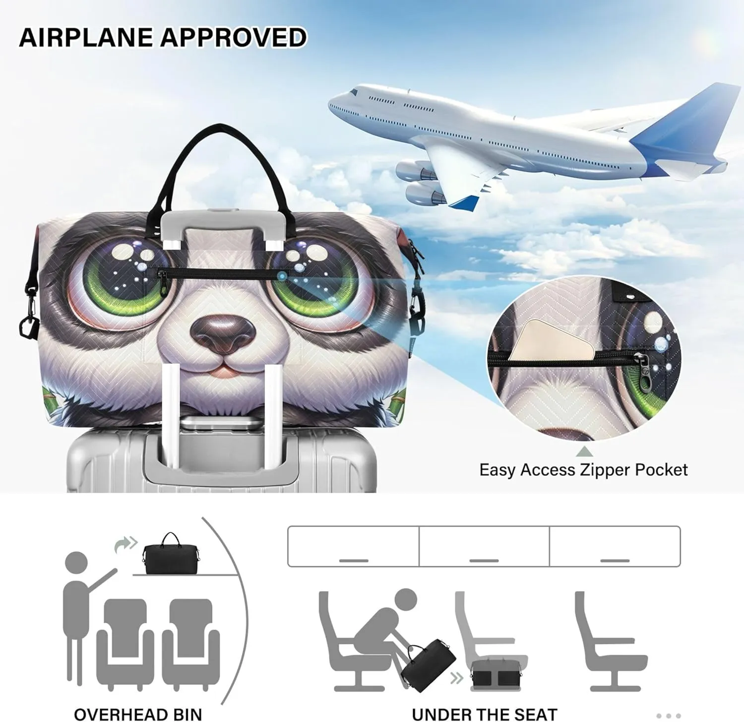 Cute Panda Bear Print Travel Duffle Women Toiletry Bag Set of 2, Design Women Gym Duffle Bag Carry on Duffel Bag