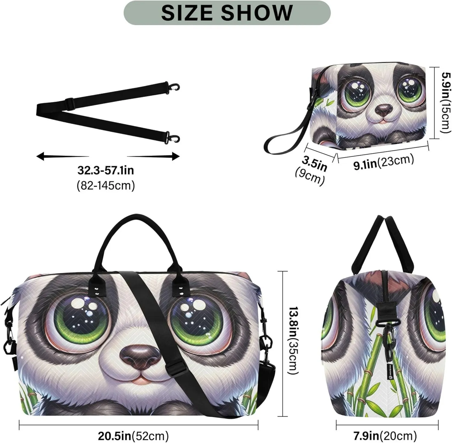 Cute Panda Bear Print Travel Duffle Women Toiletry Bag Set of 2, Design Women Gym Duffle Bag Carry on Duffel Bag