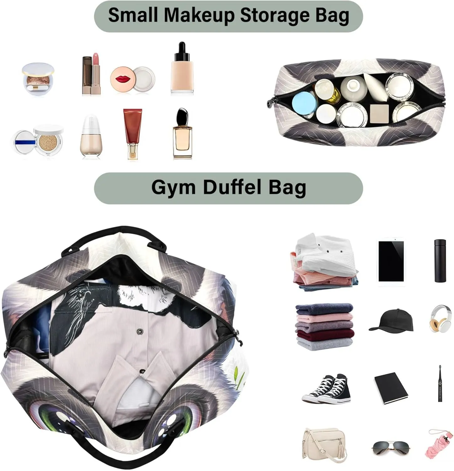 Cute Panda Bear Print Travel Duffle Women Toiletry Bag Set of 2, Design Women Gym Duffle Bag Carry on Duffel Bag