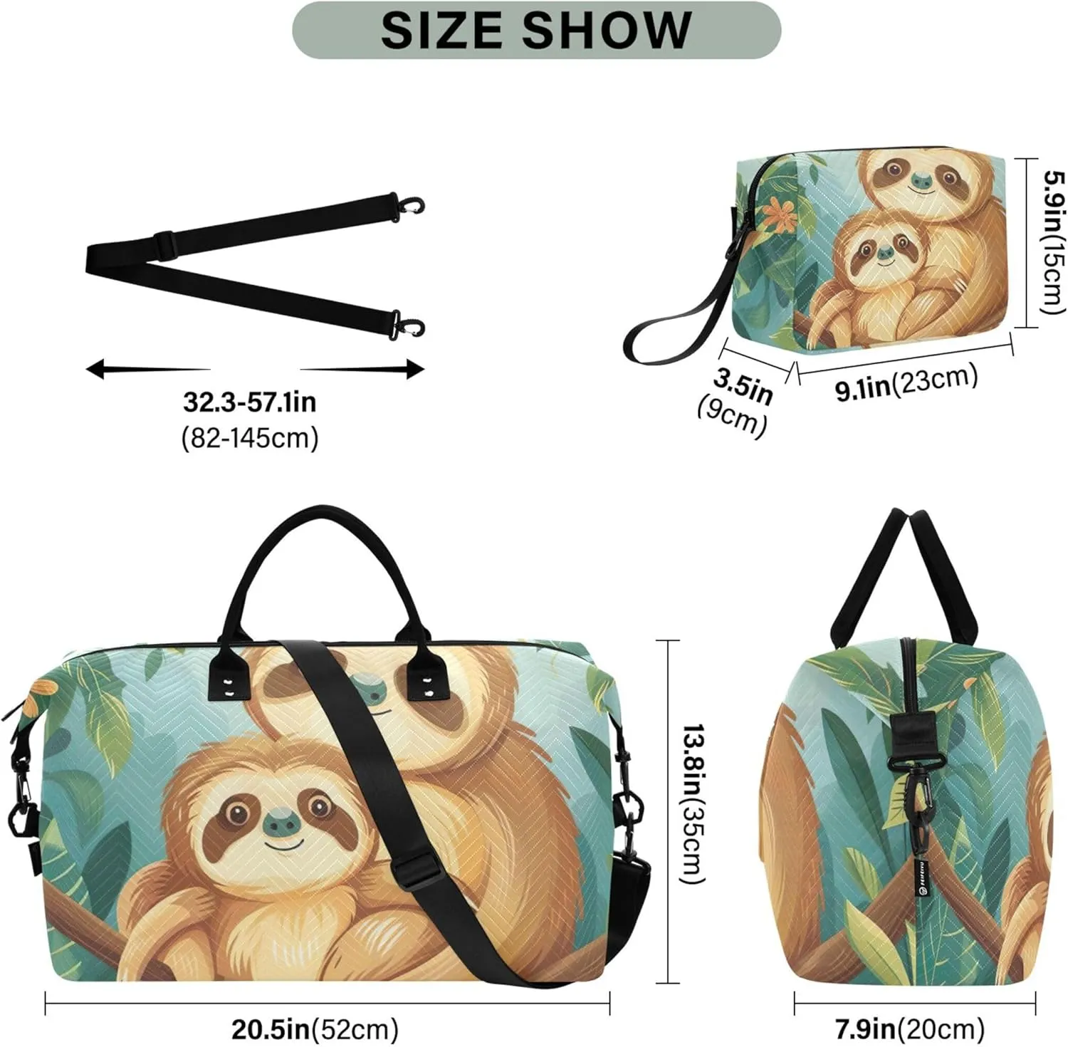 Cute Sloth Mom Cub Duffle Bag Travel Makeup Bag Set of 2, Art Luggage Set Weekender Travel Bag