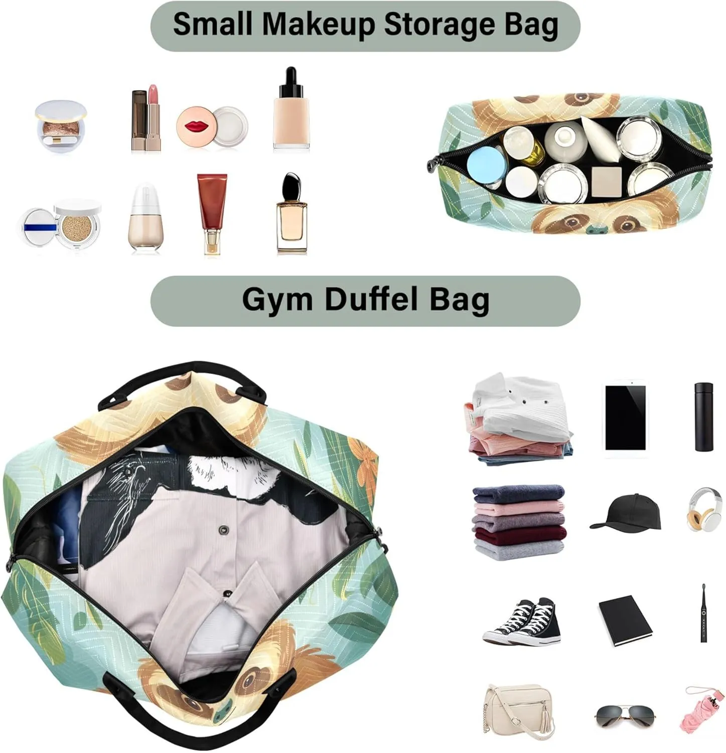 Cute Sloth Mom Cub Duffle Bag Travel Makeup Bag Set of 2, Art Luggage Set Weekender Travel Bag