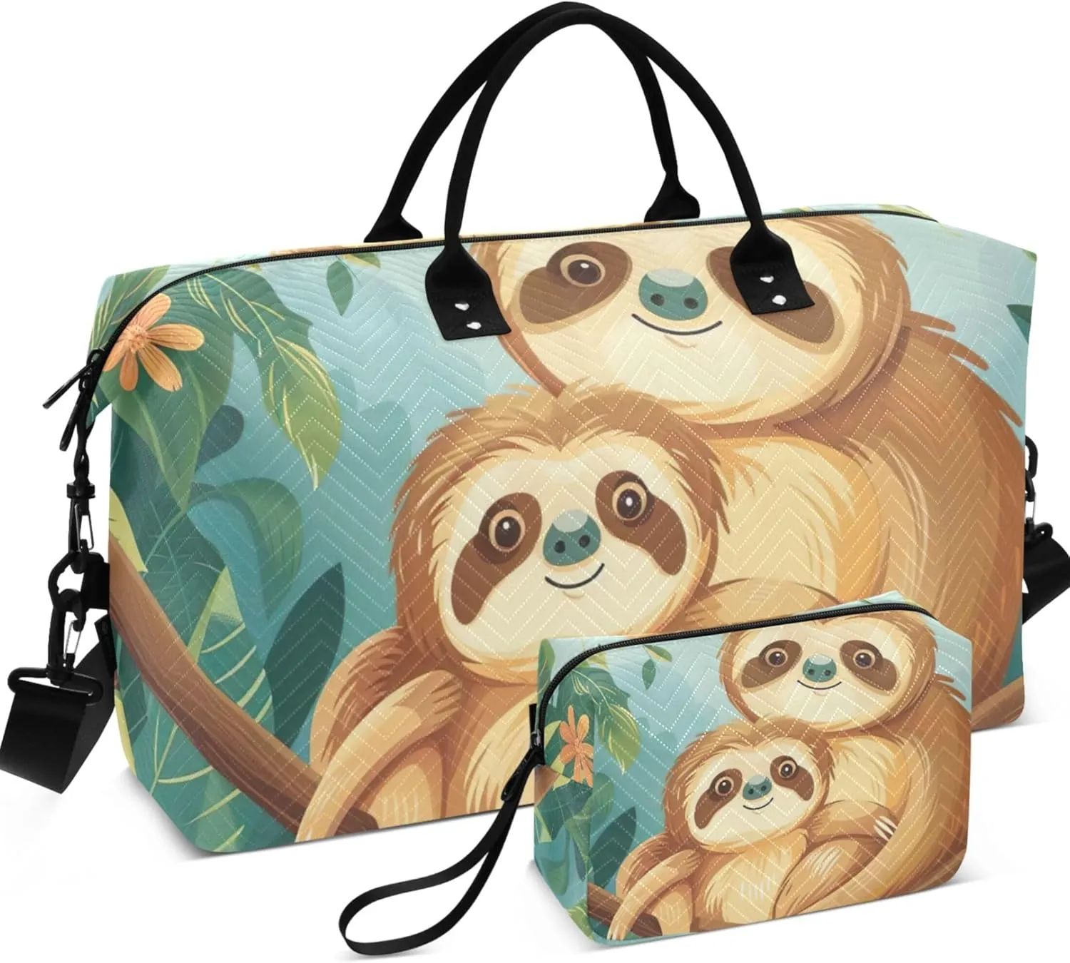 Cute Sloth Mom Cub Duffle Bag Travel Makeup Bag Set of 2, Art Luggage Set Weekender Travel Bag