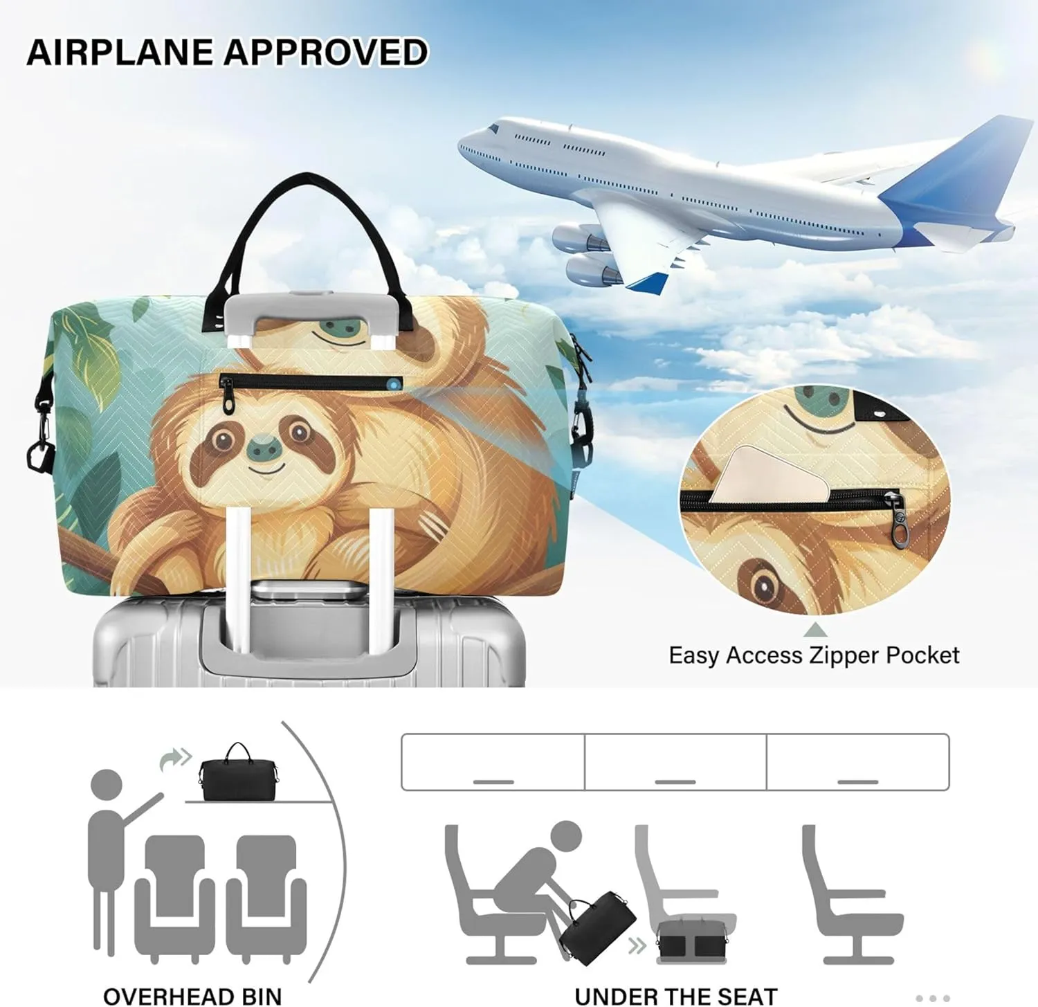 Cute Sloth Mom Cub Duffle Bag Travel Makeup Bag Set of 2, Art Luggage Set Weekender Travel Bag
