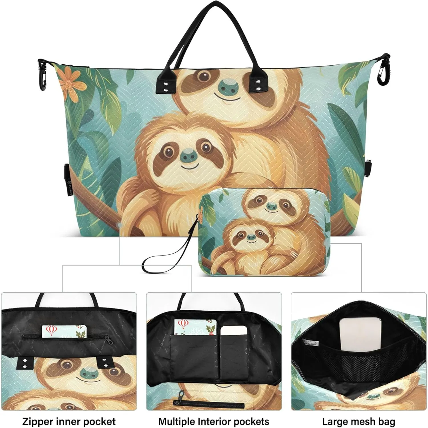 Cute Sloth Mom Cub Duffle Bag Travel Makeup Bag Set of 2, Art Luggage Set Weekender Travel Bag
