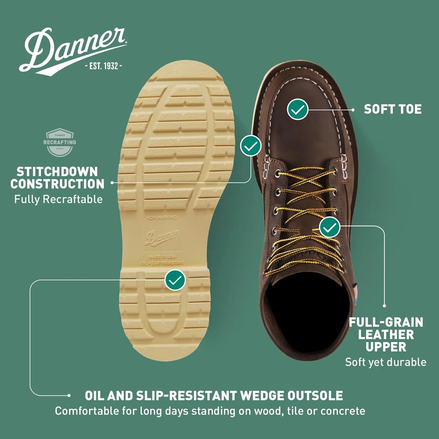 Danner 6 Bull Run Moc Toe Work Boots for Men - Oiled Full-Grain Leather Upper with Non Slip Wedge Outsole and 3-Density Cushion Footbed, EH Resistant