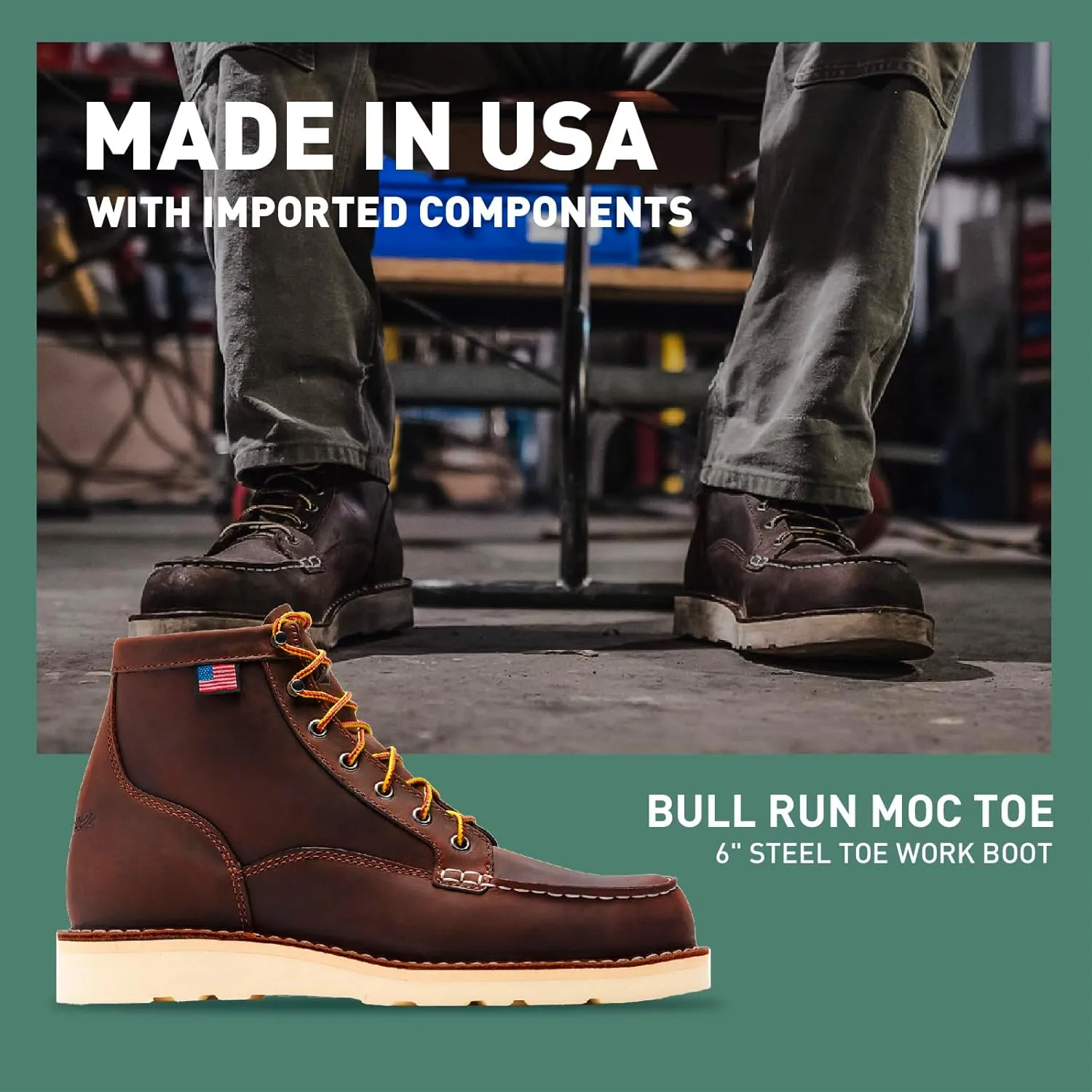 Danner 6 Bull Run Steel Toe Work Boots for Men - Oiled Full-Grain Leather with Non Slip Wedge Outsole and 3-Density Cushion Footbed, EH Resistant