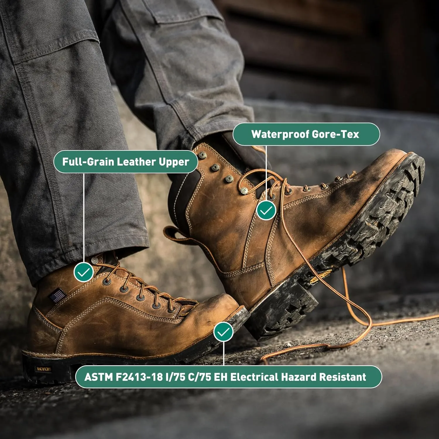 Danner 8 Quarry USA Waterproof Alloy Safety Toe Work Boots for Men - Full-Grain Leather with Gore-Tex Lining and Traction Heel Outsole, EH Resistant