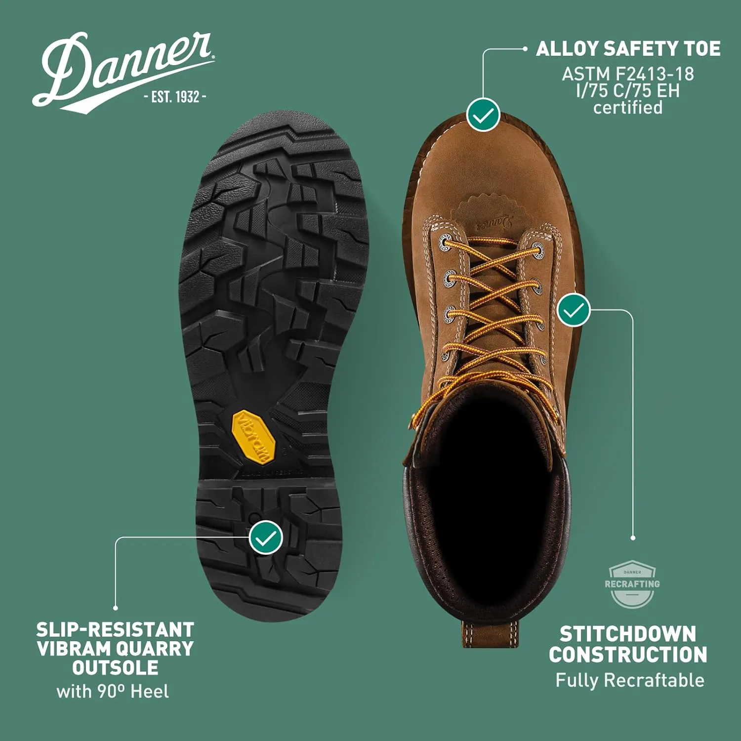 Danner 8 Quarry USA Waterproof Alloy Safety Toe Work Boots for Men - Full-Grain Leather with Gore-Tex Lining and Traction Heel Outsole, EH Resistant
