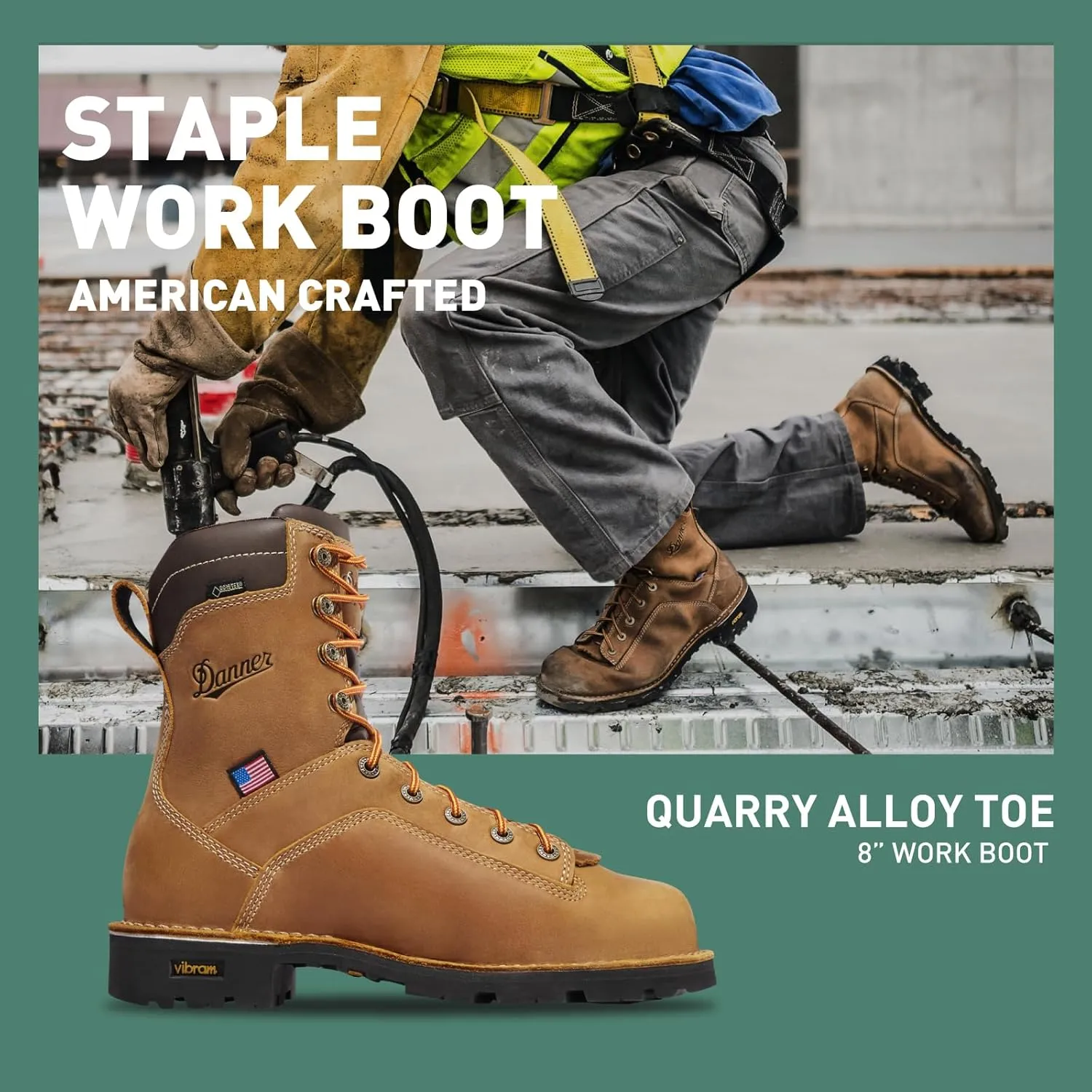 Danner 8 Quarry USA Waterproof Alloy Safety Toe Work Boots for Men - Full-Grain Leather with Gore-Tex Lining and Traction Heel Outsole, EH Resistant