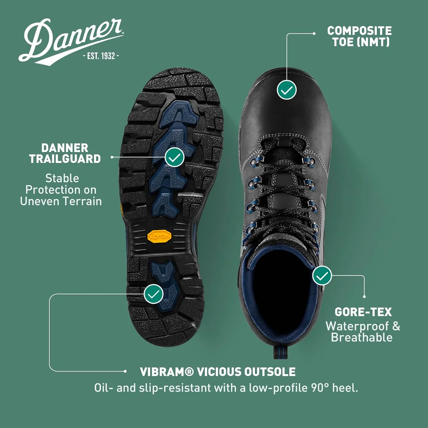Danner Vicious 4.5 Composite Toe Work Boots for Men - Full-Grain Leather with Breathable Gore-Tex Lining, Speed Lace System & Non Slip Heel Outsole