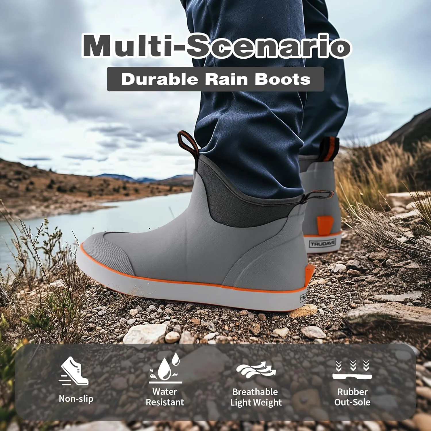 Deck Boots for Men, Waterproof Insulated Mens Rain Boots, Anti-Slip Ankle Fishing Boots, Rubber Boots with High Traction for Outdoor, Size 6-13