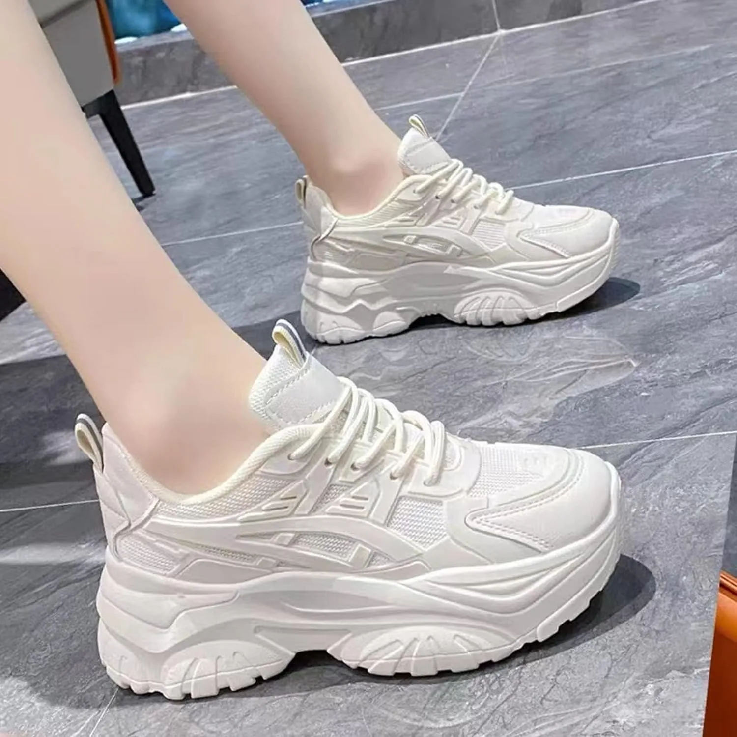 DevilAngel Women's White Platform Mesh Daddy Shoes, Solid Color Breathable Heightening Jogging Walking Sneakers