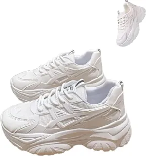DevilAngel Women's White Platform Mesh Daddy Shoes, Solid Color Breathable Heightening Jogging Walking Sneakers
