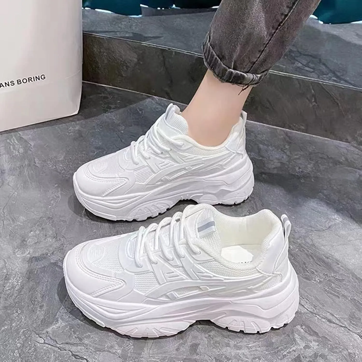 DevilAngel Women's White Platform Mesh Daddy Shoes, Solid Color Breathable Heightening Jogging Walking Sneakers