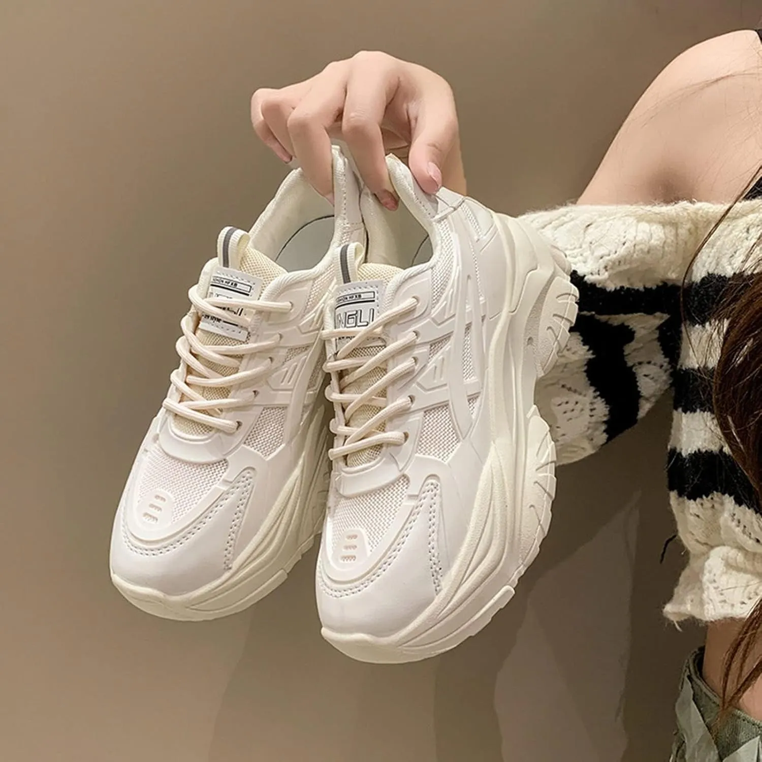 DevilAngel Women's White Platform Mesh Daddy Shoes, Solid Color Breathable Heightening Jogging Walking Sneakers
