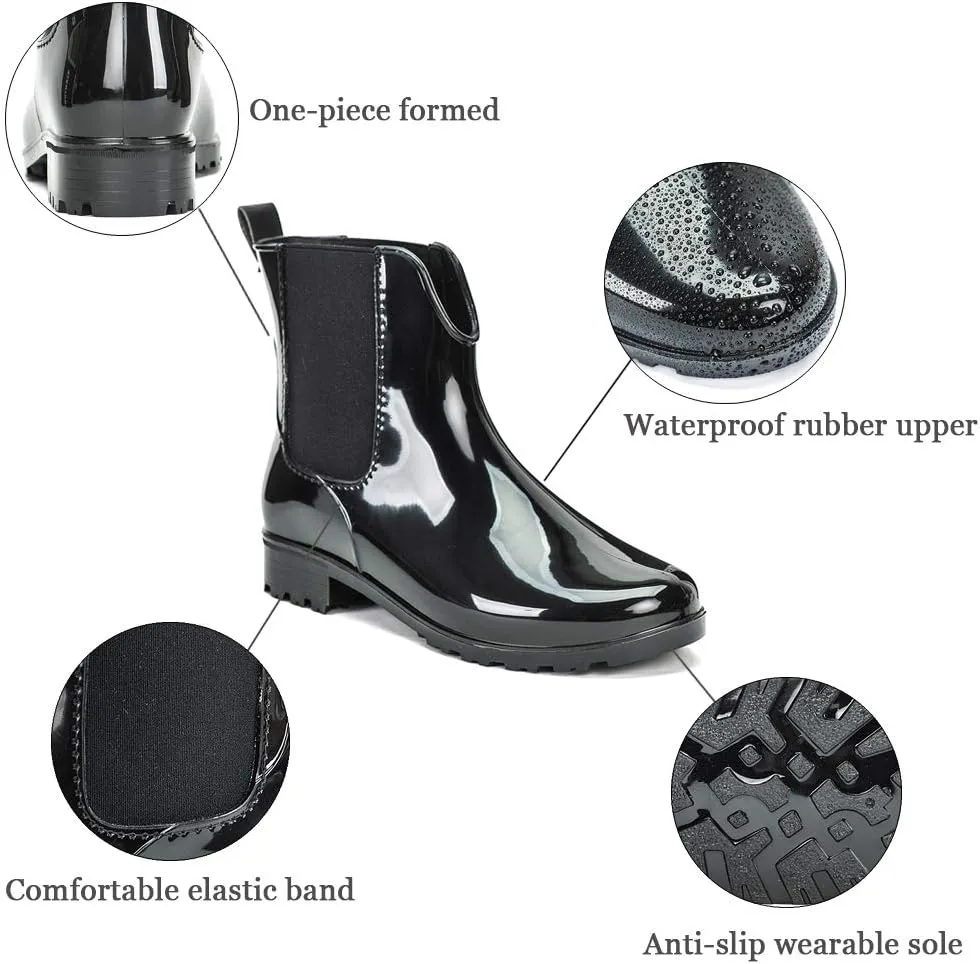 DKSUKO Rain Boots for Women Waterproof Elastic Slip On Ankle Chelsea Booties