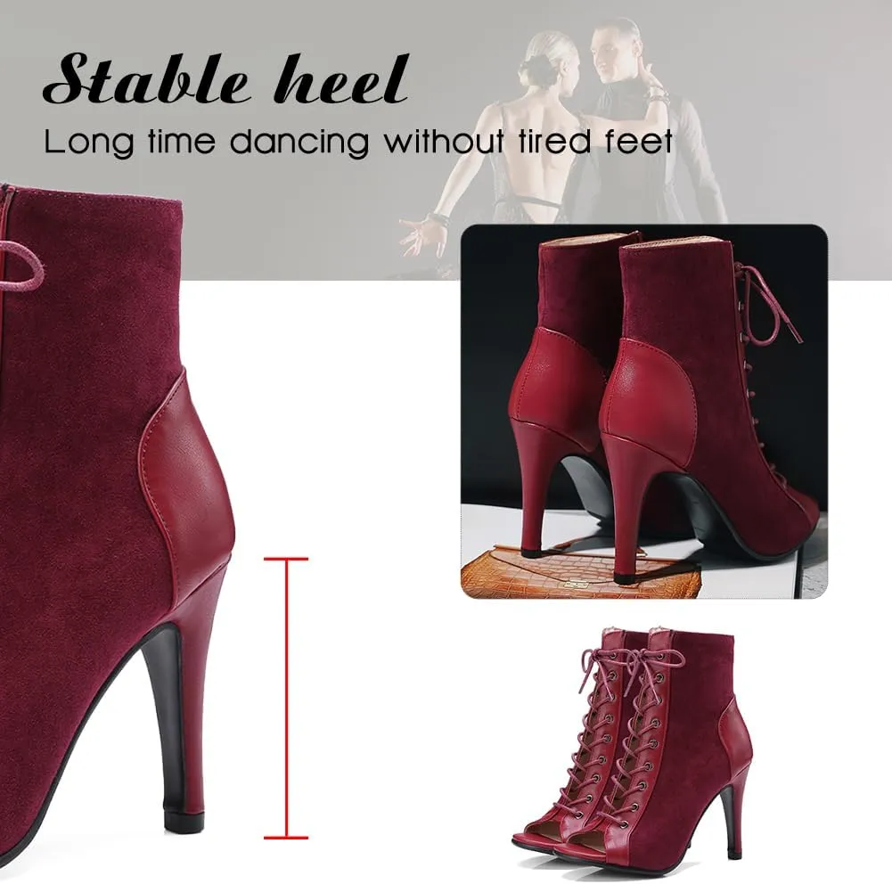 DKZSYIM Open Toe Dance Boots Women Latin Salsa Ballroom Lace-up Ankle Dance Shoes,Model DS-B53