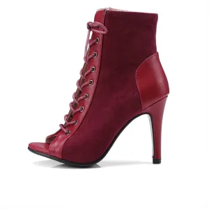 DKZSYIM Open Toe Dance Boots Women Latin Salsa Ballroom Lace-up Ankle Dance Shoes,Model DS-B53