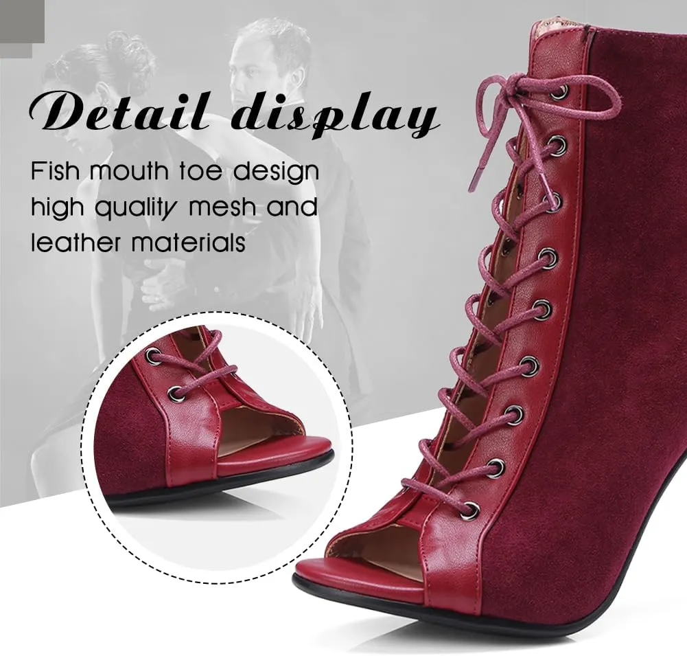 DKZSYIM Open Toe Dance Boots Women Latin Salsa Ballroom Lace-up Ankle Dance Shoes,Model DS-B53