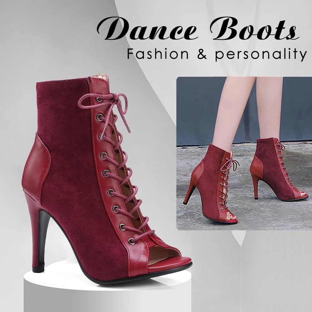 DKZSYIM Open Toe Dance Boots Women Latin Salsa Ballroom Lace-up Ankle Dance Shoes,Model DS-B53