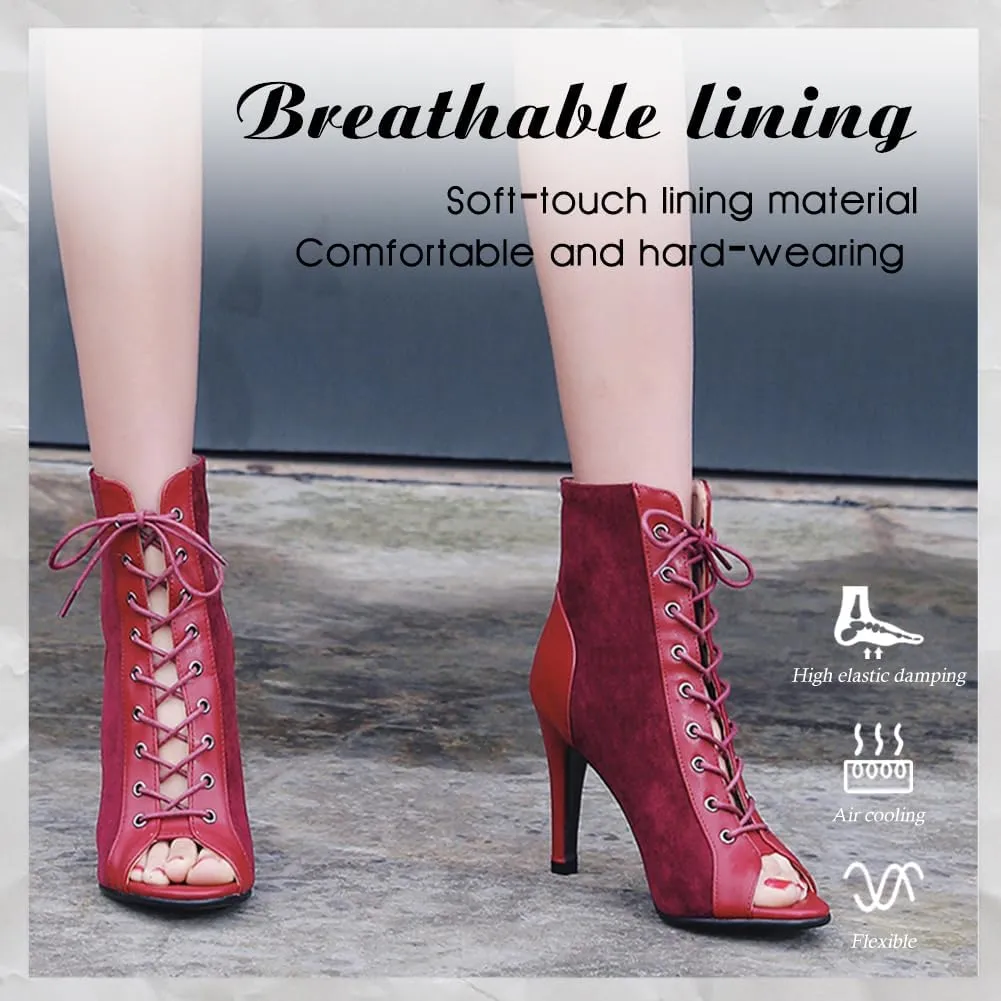 DKZSYIM Open Toe Dance Boots Women Latin Salsa Ballroom Lace-up Ankle Dance Shoes,Model DS-B53