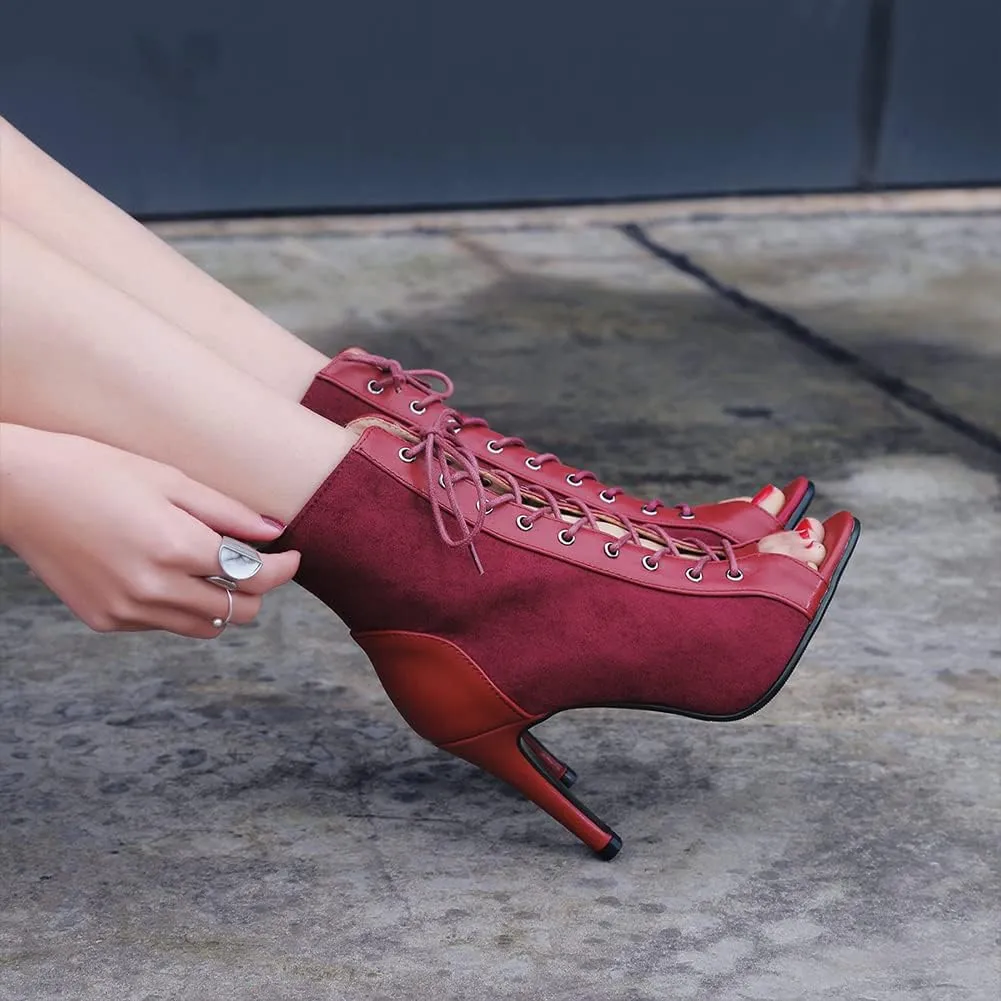 DKZSYIM Open Toe Dance Boots Women Latin Salsa Ballroom Lace-up Ankle Dance Shoes,Model DS-B53