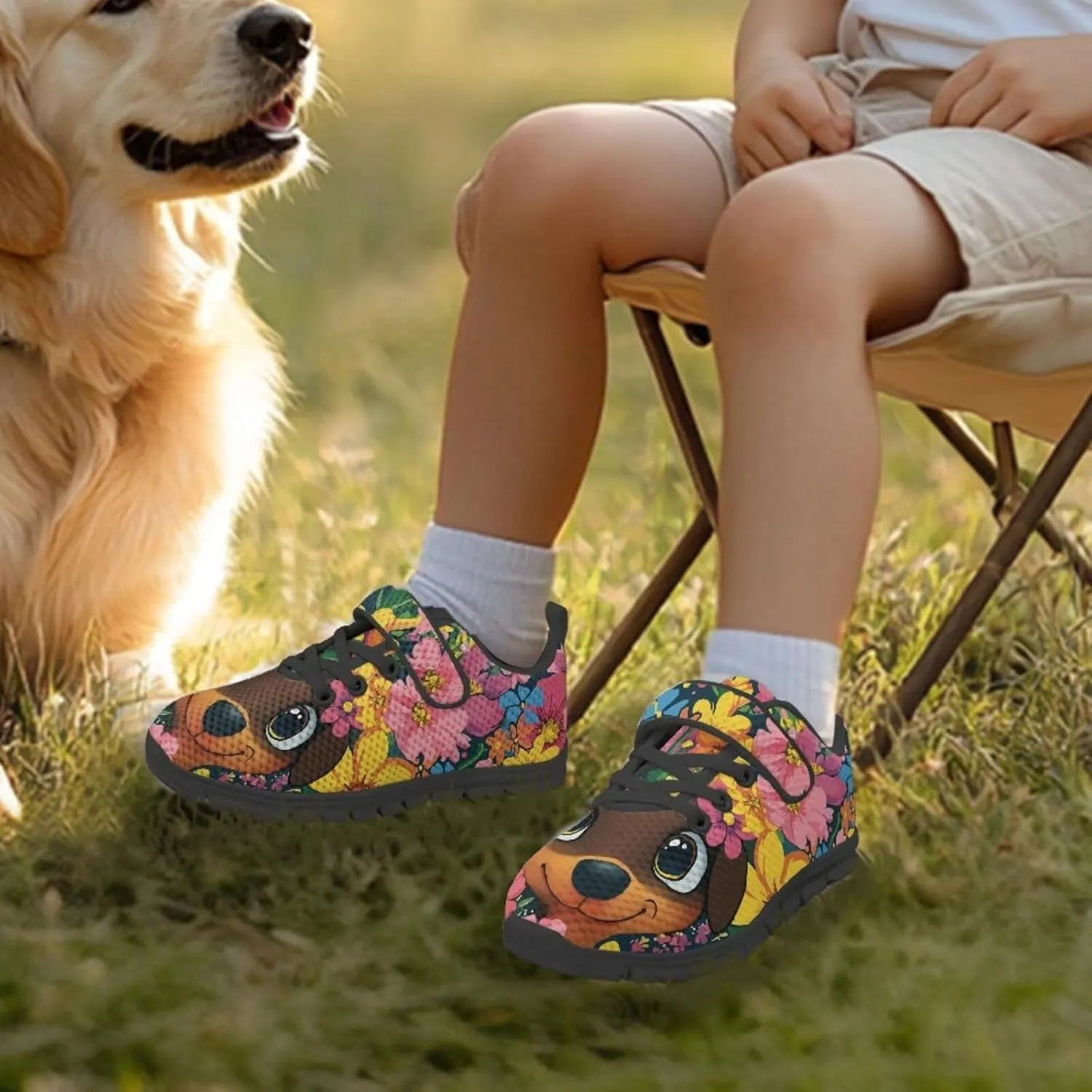 Dog Print Tennis Shoes with Hook & Loop for Kids Non Slip Breathable Strap Athletic Running Shoes for Walking