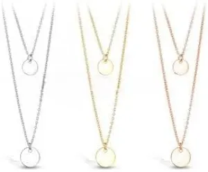 Double Layered Stainless Steel Round Plate Pendants on Chains Necklace