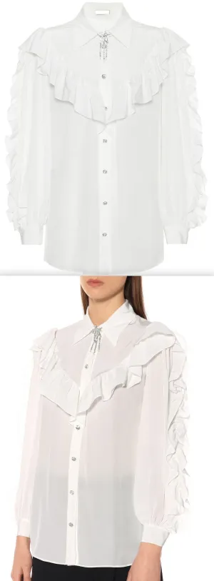 Embellished Silk Shirt, White