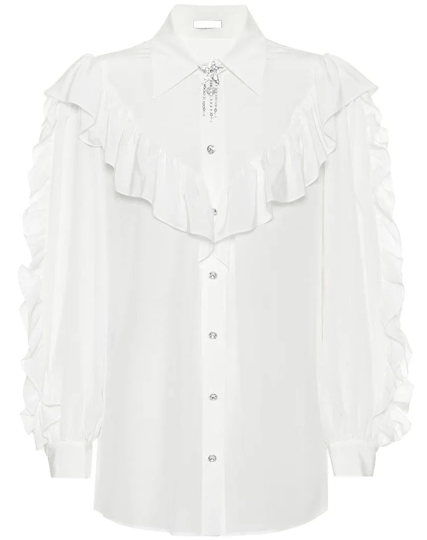 Embellished Silk Shirt, White
