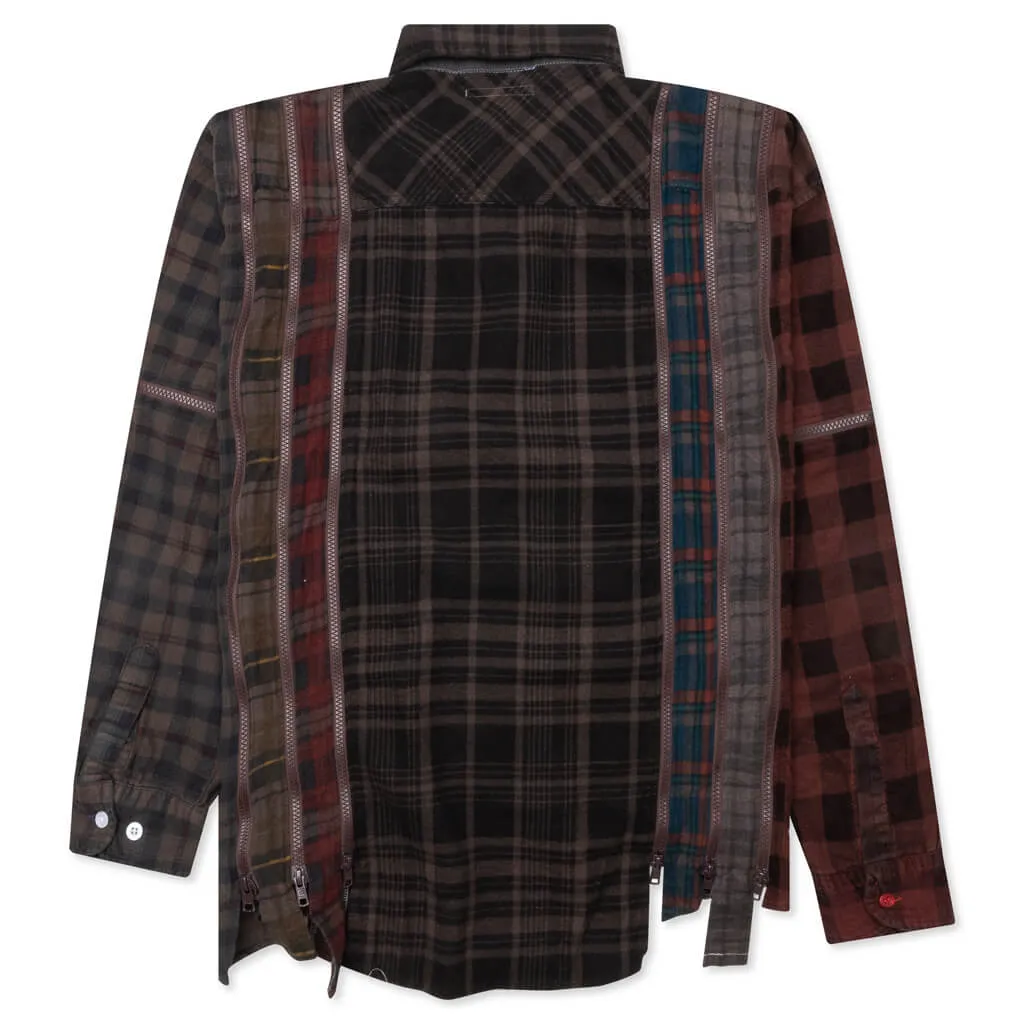 Flannel Shirt 7 Cuts Zipped Wide Shirt Over Dye - Brown