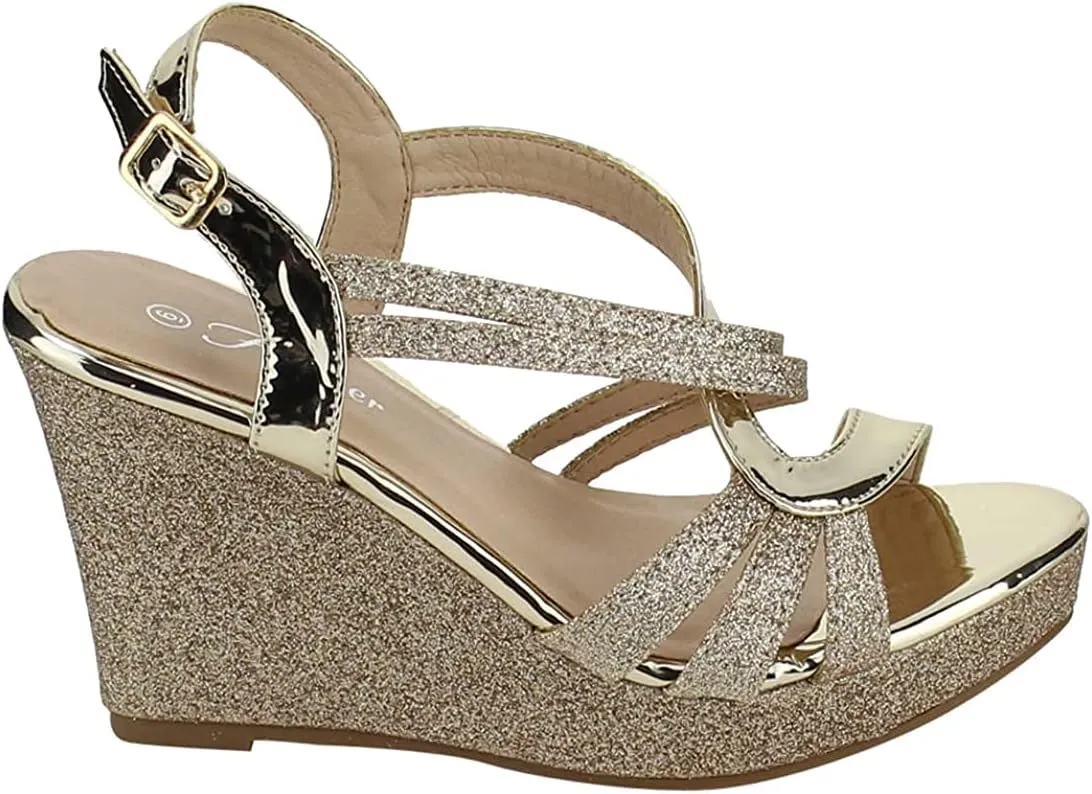 Forever FQ22 Women's Glitter Strappy Wrapped Wedge Heel Platform Sandals