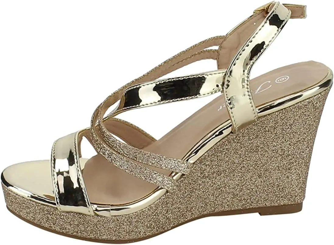 Forever FQ22 Women's Glitter Strappy Wrapped Wedge Heel Platform Sandals