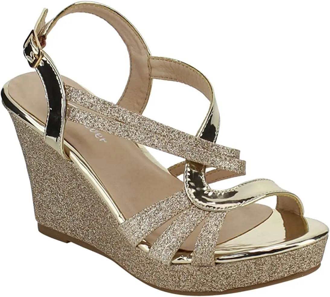 Forever FQ22 Women's Glitter Strappy Wrapped Wedge Heel Platform Sandals