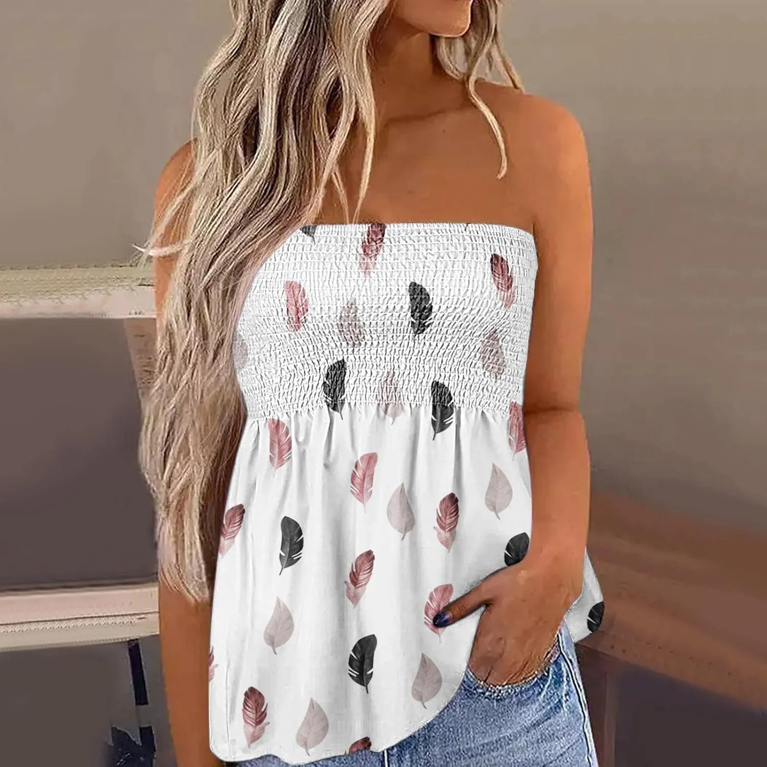 FRMUIC Womens Tube Tops Pleated Stretch Strapless Tanks Top Backless Sexy Casual Bandeau Top Summer Tunic Tanks Blouse Shirt