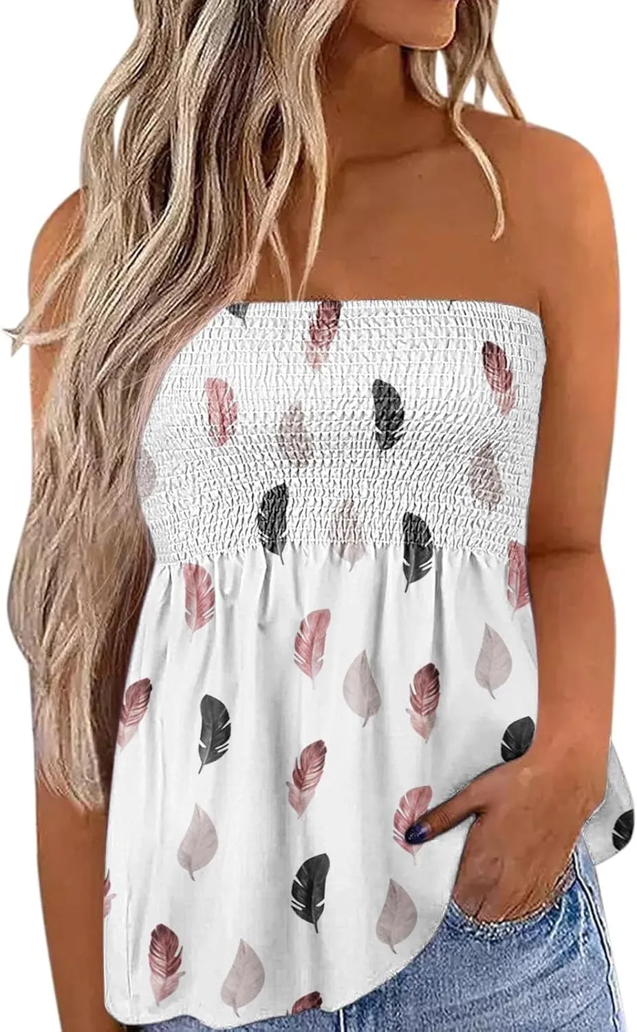 FRMUIC Womens Tube Tops Pleated Stretch Strapless Tanks Top Backless Sexy Casual Bandeau Top Summer Tunic Tanks Blouse Shirt