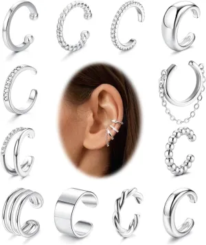 FUNRUN JEWELRY 12 Pcs Ear Cuffs Non Piercing for Women 14K Gold Plated Adjustable Cuff Earrings Non Pierced Cubic Zirconia Ear Cuff Clip on Cartilage Fake Earrings Jewelry