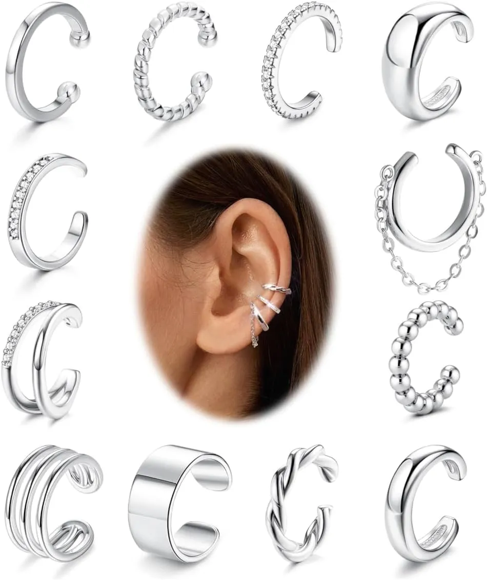 FUNRUN JEWELRY 12 Pcs Ear Cuffs Non Piercing for Women 14K Gold Plated Adjustable Cuff Earrings Non Pierced Cubic Zirconia Ear Cuff Clip on Cartilage Fake Earrings Jewelry