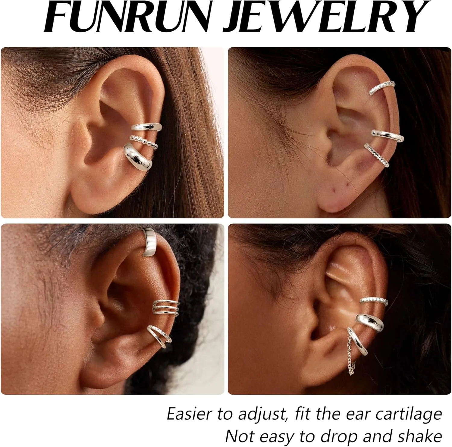 FUNRUN JEWELRY 12 Pcs Ear Cuffs Non Piercing for Women 14K Gold Plated Adjustable Cuff Earrings Non Pierced Cubic Zirconia Ear Cuff Clip on Cartilage Fake Earrings Jewelry