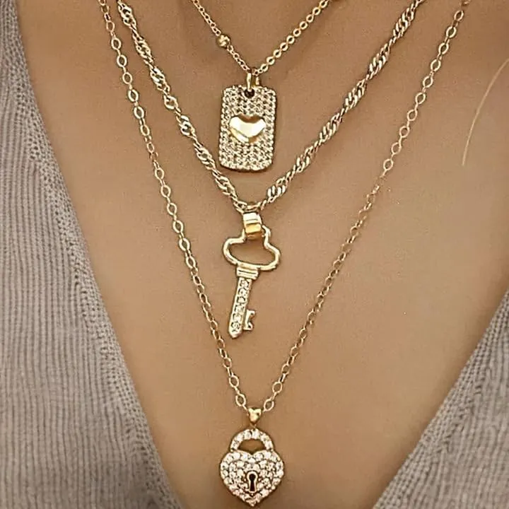 Gold CZ Key to my Heart Layered Necklace Set (Medium 18 inch-20 inch-24 inch)