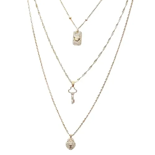 Gold CZ Key to my Heart Layered Necklace Set (Medium 18 inch-20 inch-24 inch)