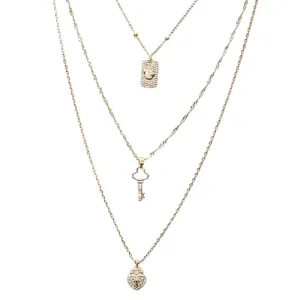 Gold CZ Key to my Heart Layered Necklace Set (Medium 18 inch-20 inch-24 inch)