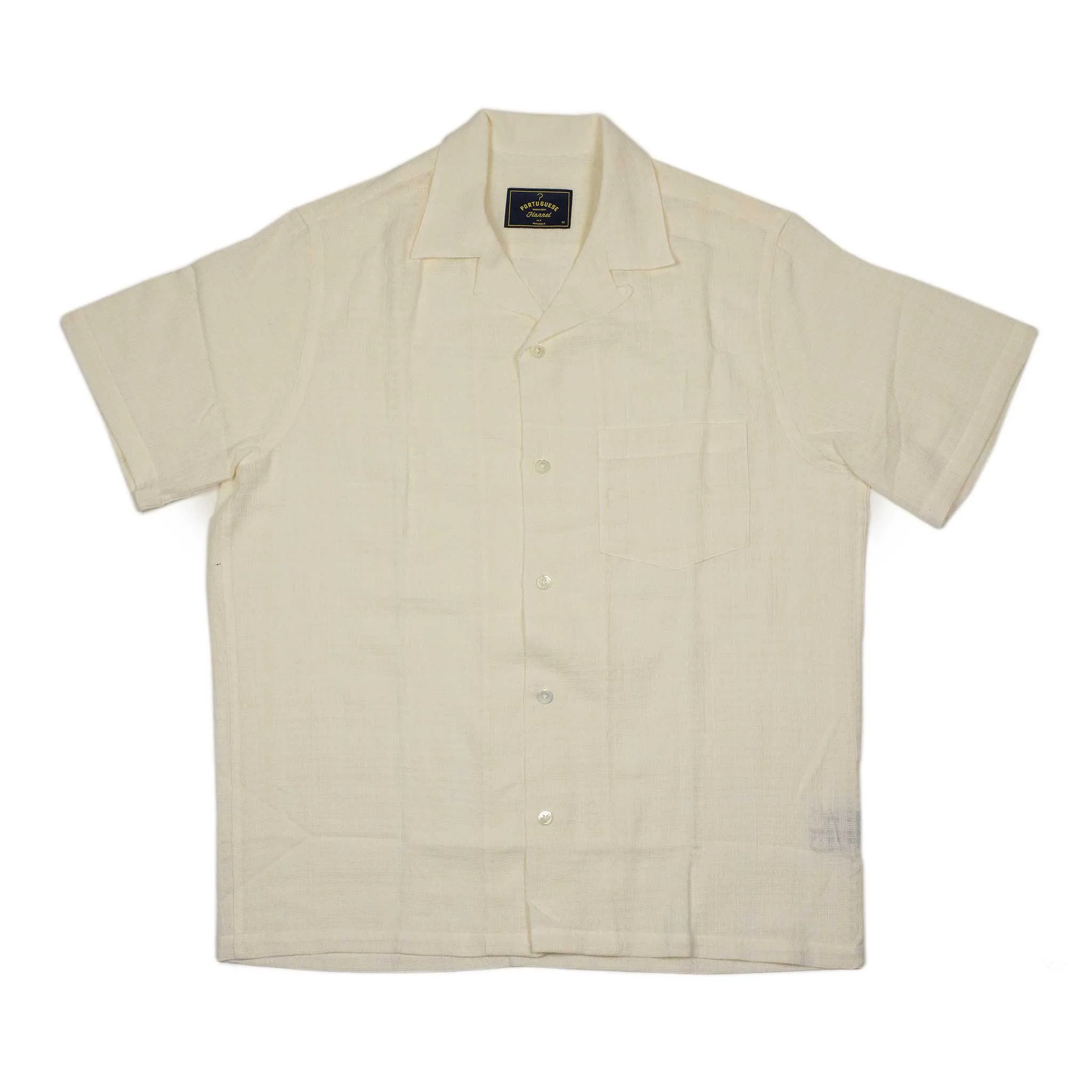 Grain camp collar shirt in cream checked cotton gauze