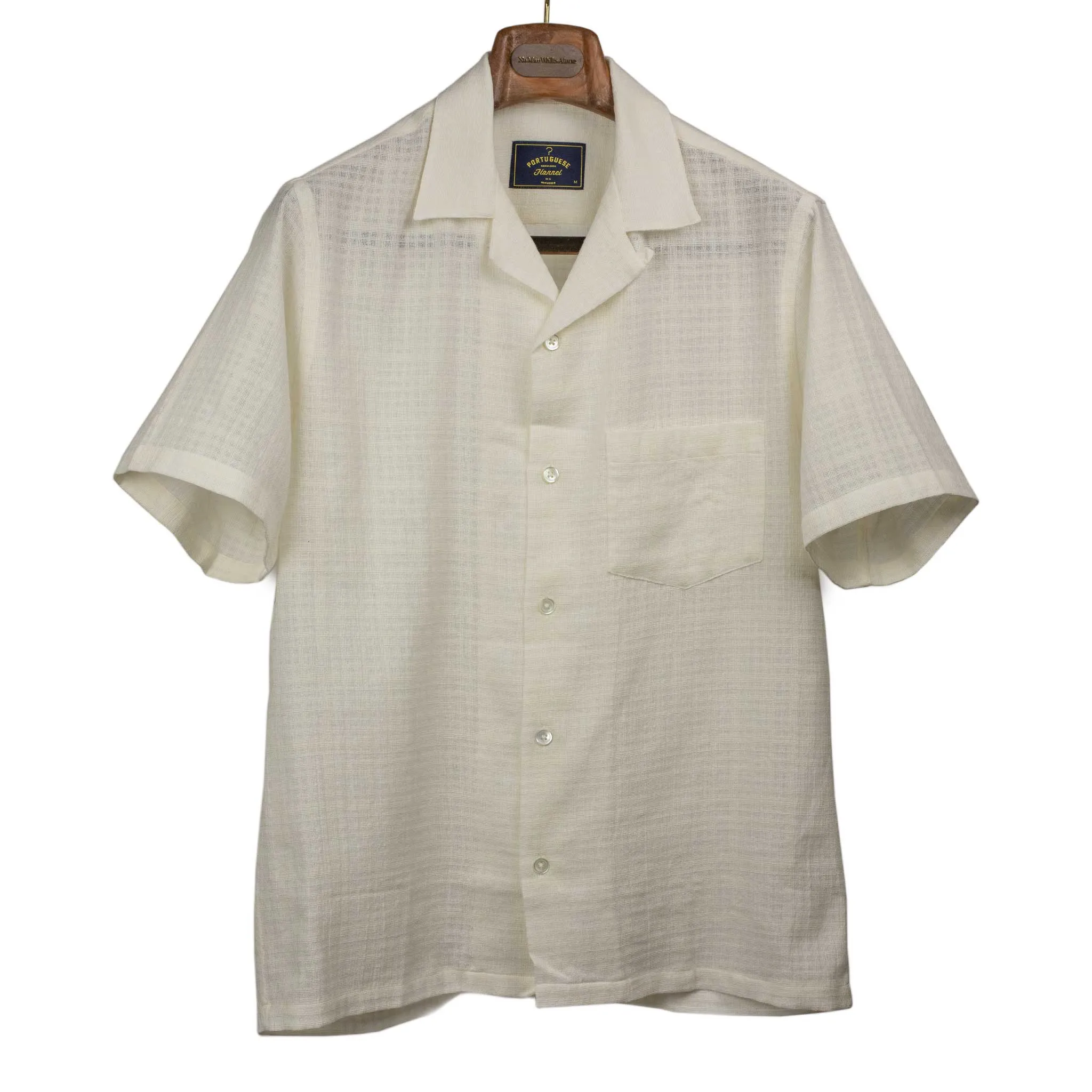 Grain camp collar shirt in cream checked cotton gauze
