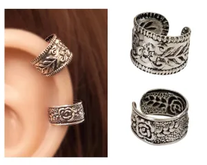 Handmade Silver 2Pcs Ear Cuffs Non-Piercing Earrings, 925 Sterling Silver, Fake Cartilage Helix Non-Pierced Ear Clip on for Women, Tiny 2 x Wide Band Floral Design Ear Wrap, By Miya Jewelry