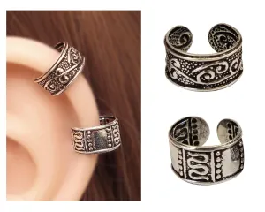 Handmade Silver 2Pcs Ear Cuffs Non-Piercing Earrings, 925 Sterling Silver, Fake Cartilage Helix Non-Pierced Ear Clip on for Women, Tiny 2xWide Band Geometric & Floral Design Ear Wrap, By Miya Jewelry