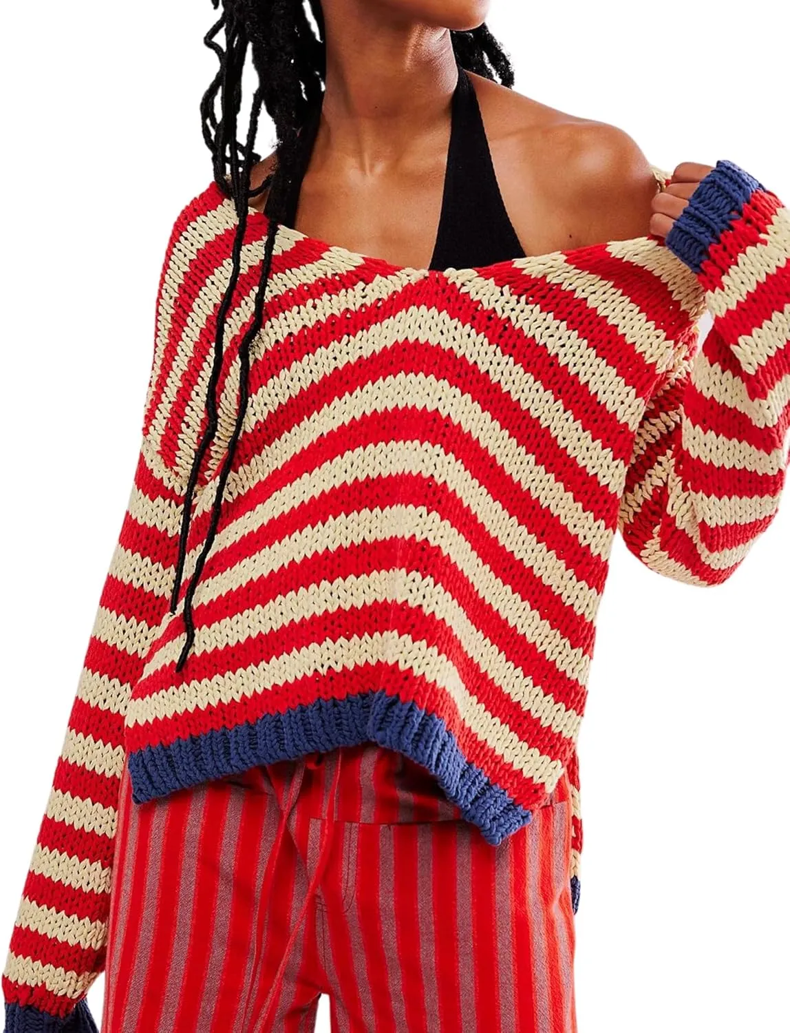 hathne Women's Oversized Striped Sweaters Pullover Fall Knitwear V Neck Color Block Sweaters Tops